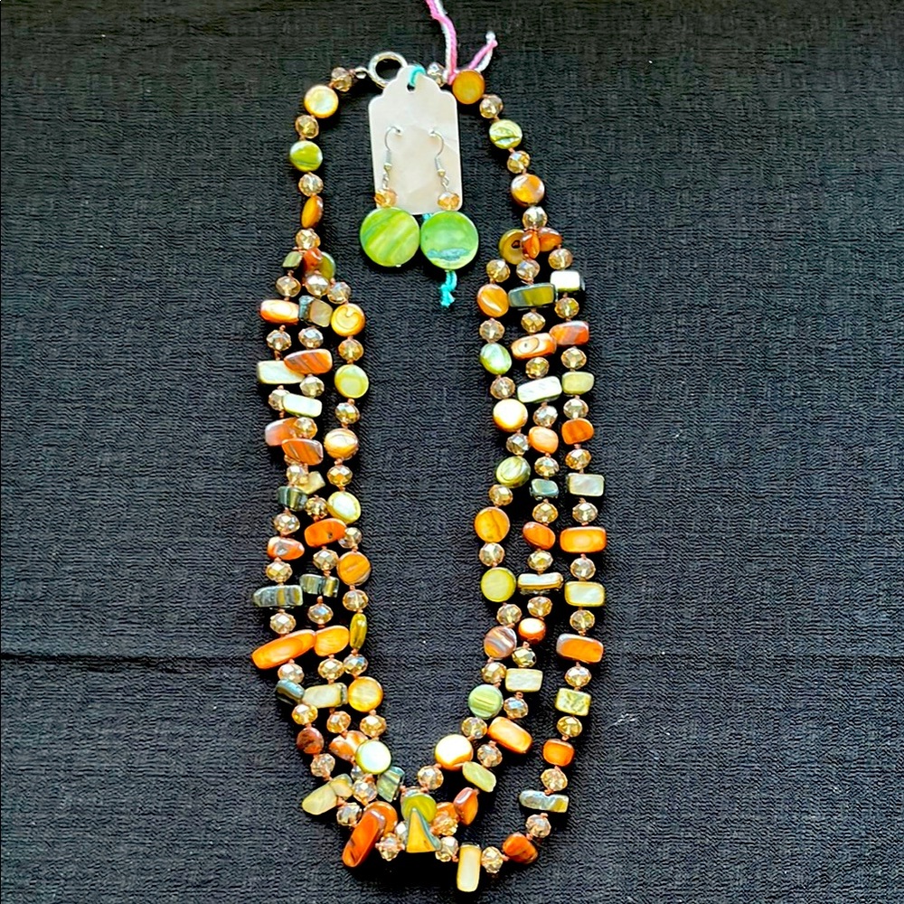 Multi-Strand Green and Orange Beaded Necklace with Earrings